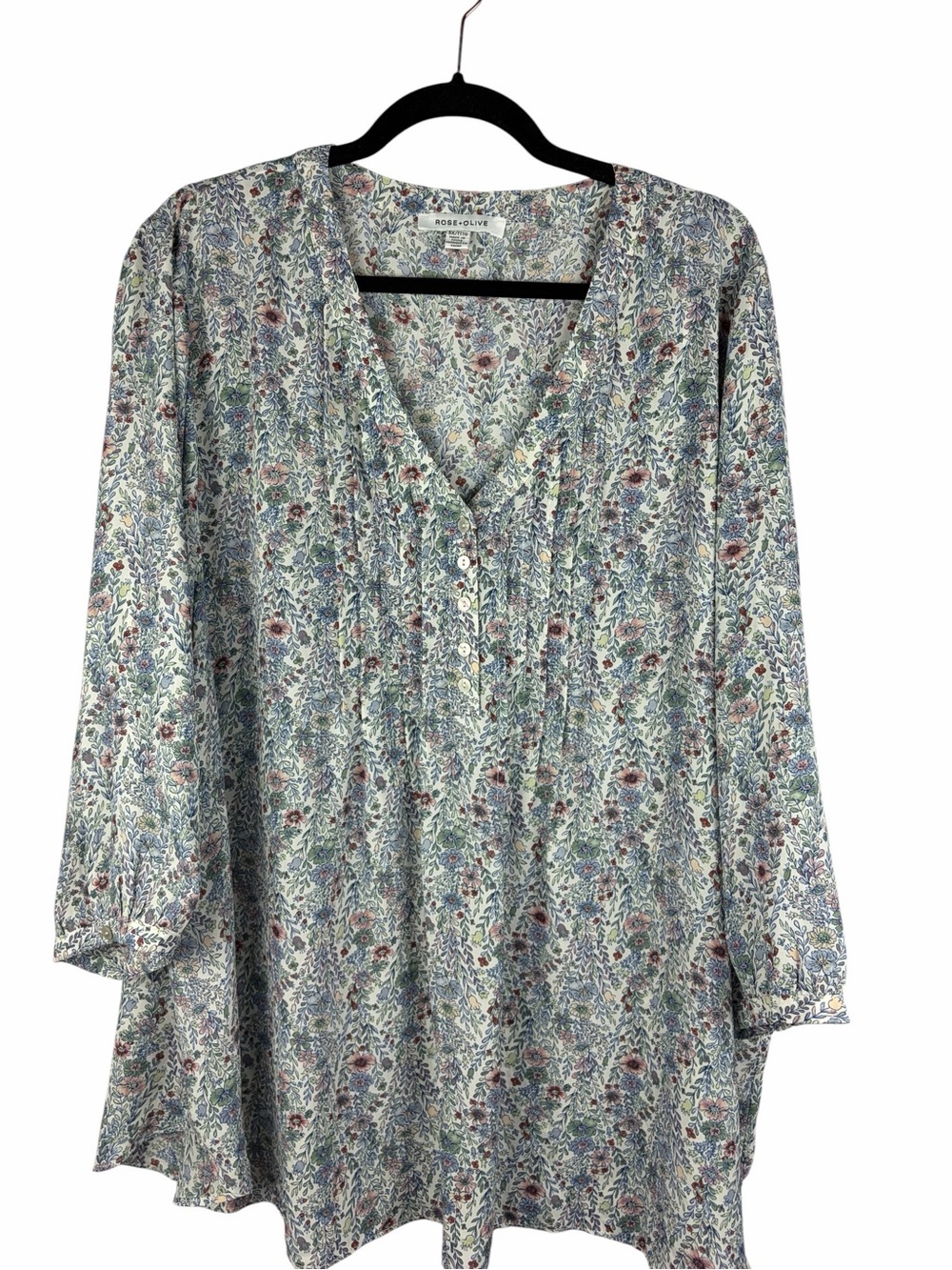 Rose + Olive Floral Boho Peasant Tunic Blouse 3X Pastel Long Sleeve Flowy